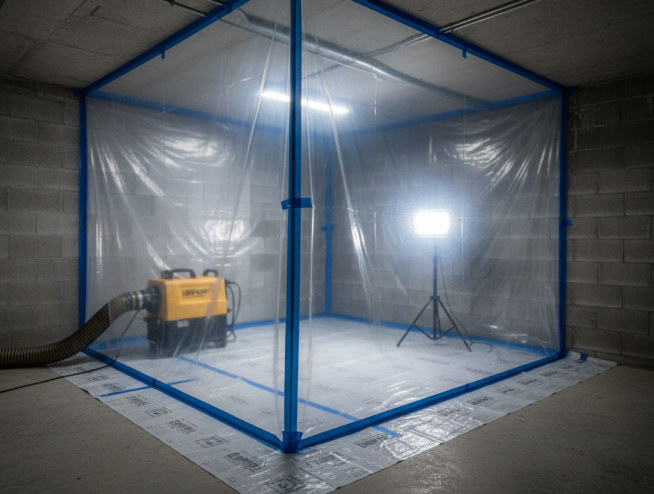 mold remediation containment and HEPA air scrubber setup in Garland TX basement