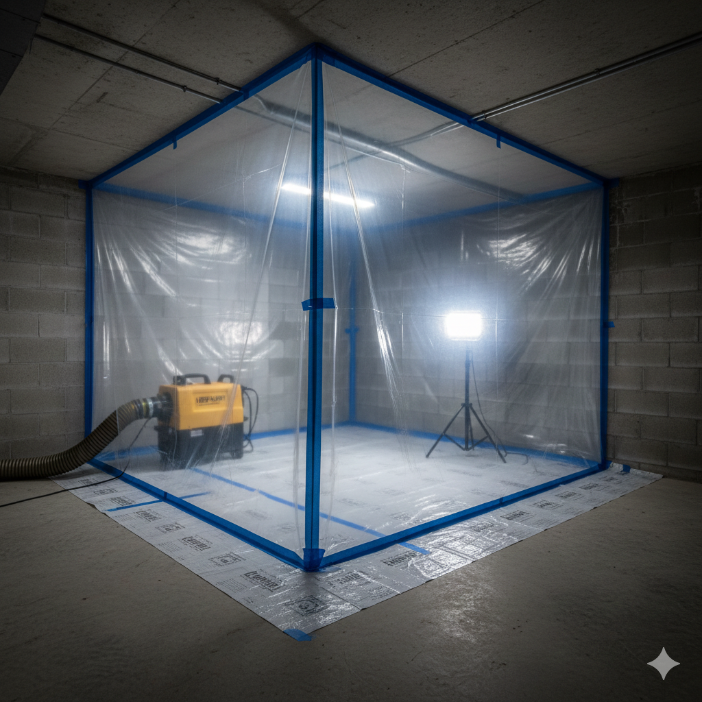 mold remediation containment and HEPA air scrubber setup in Garland TX basement