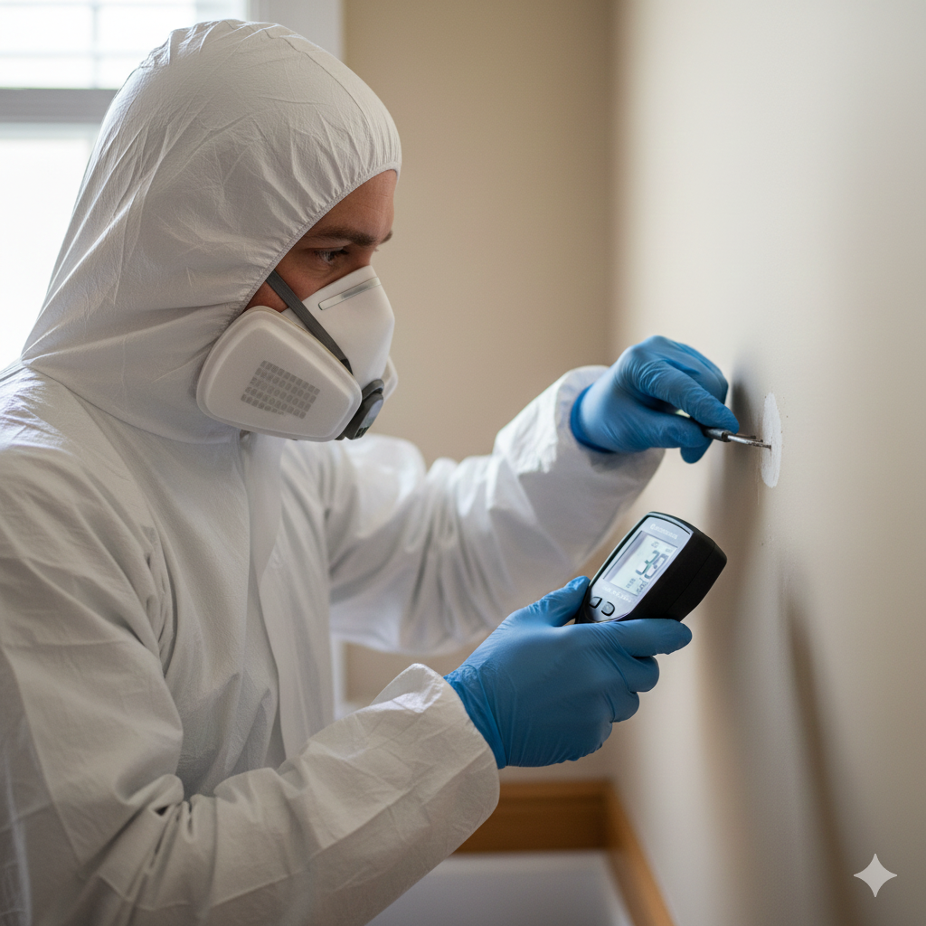 professional mold inspection in Garland TX using moisture meter to detect hidden mold