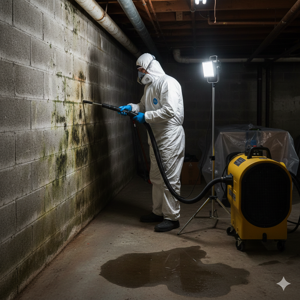 basement mold removal using HEPA vacuum in Garland TX home