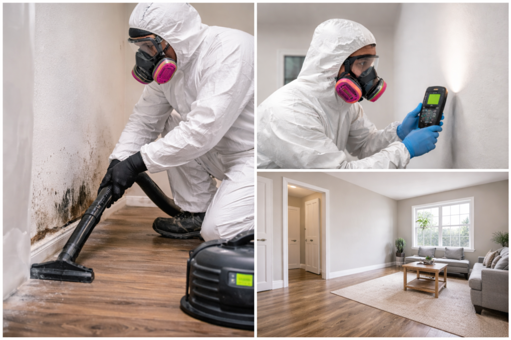 professional black mold removal from interior wall in Garland TX using protective equipment