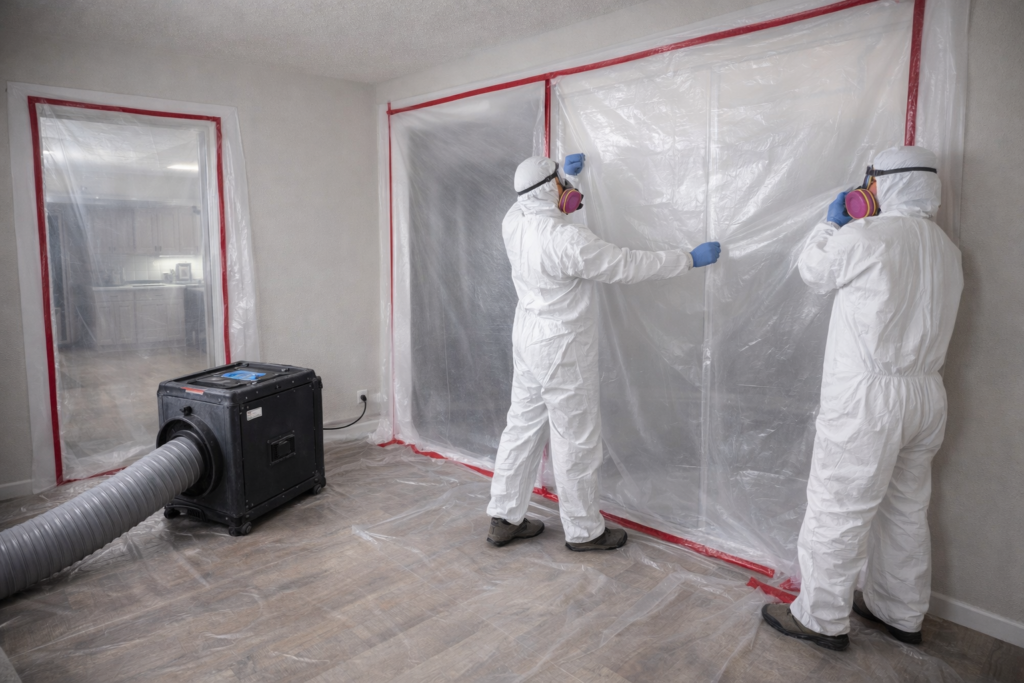 HEPA vacuum mold cleanup process during mold remediation in Garland TX