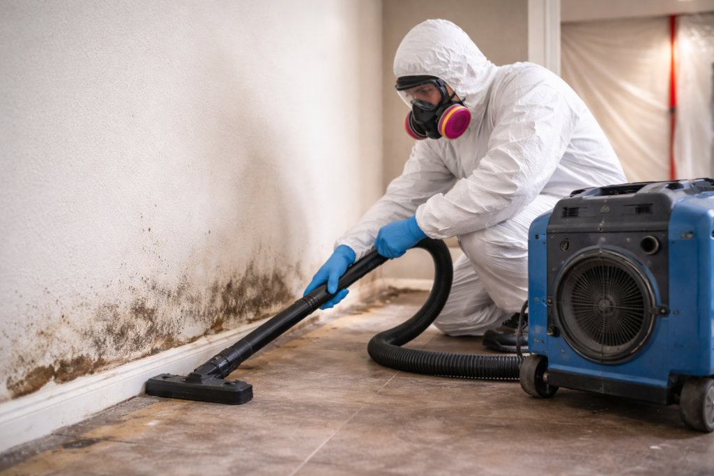 mold remediation containment setup with HEPA air scrubber in Garland TX home