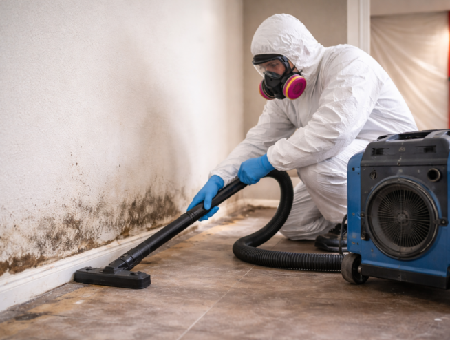 mold remediation containment setup with HEPA air scrubber in Garland TX home