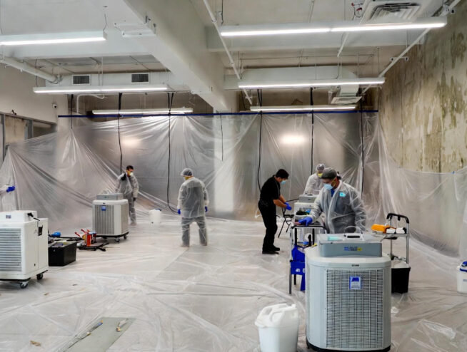 commercial mold remediation containment setup with HEPA air scrubbers in Garland TX