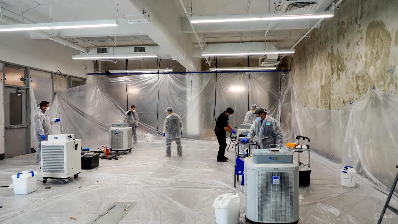 commercial mold remediation containment setup with HEPA air scrubbers in Garland TX