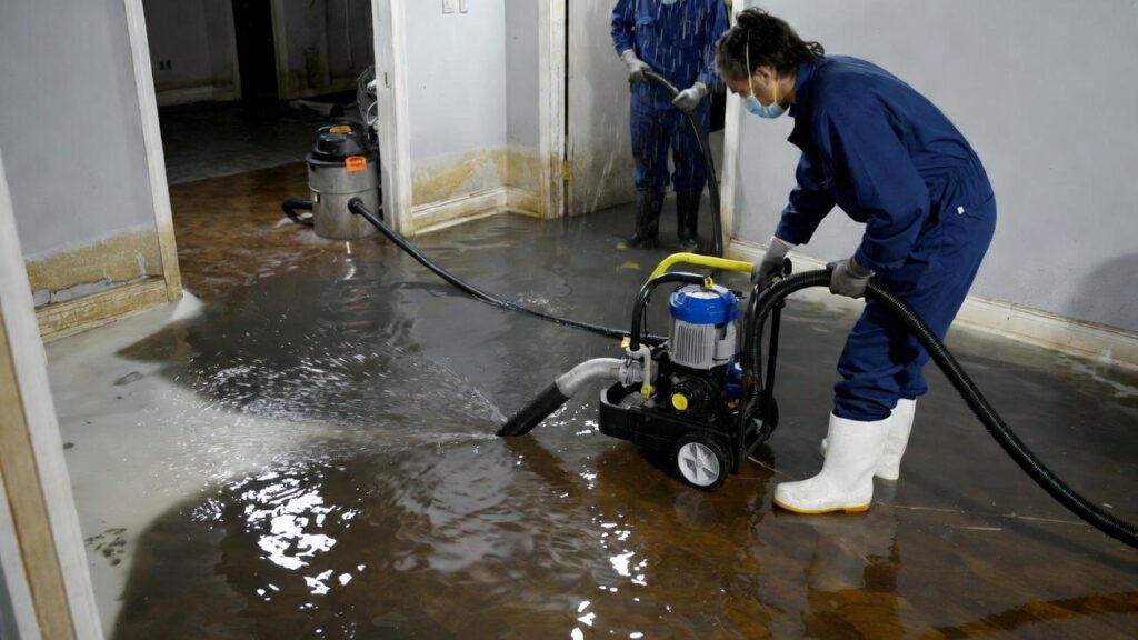 Professional emergency water removal process using industrial equipment