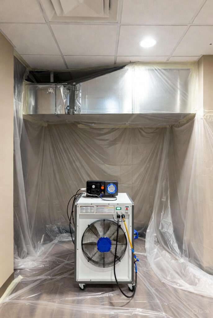 HVAC mold remediation containment and air scrubber setup in Garland TX